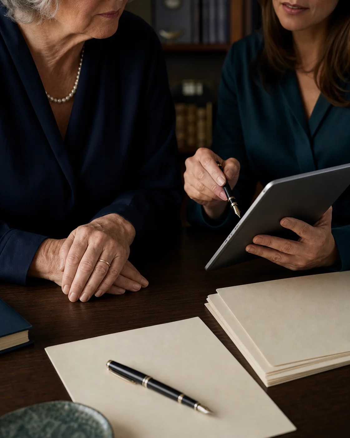 An advisor and client carefully reviewing planning details together