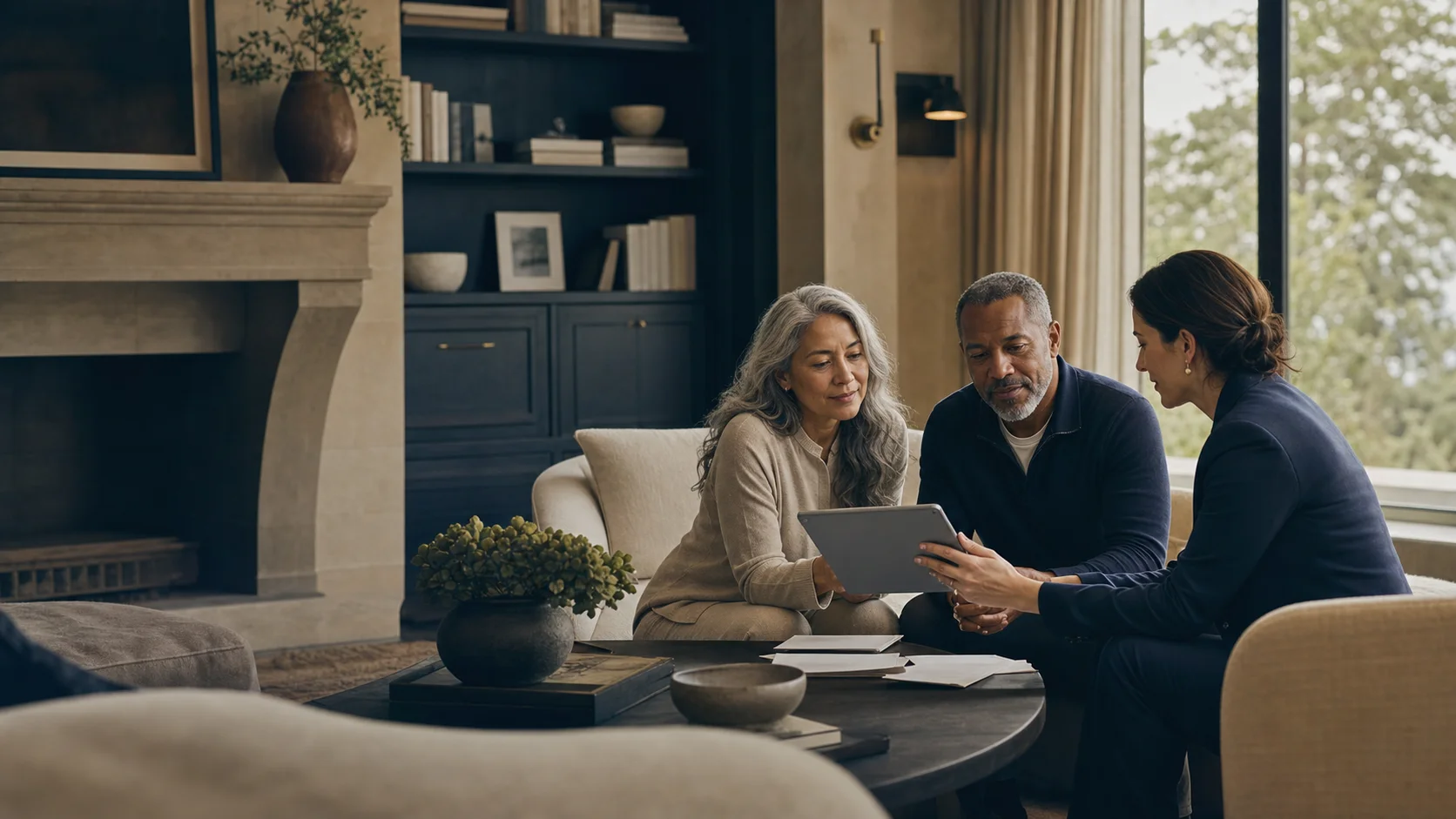 A couple and their advisor reviewing a plan together in a private home